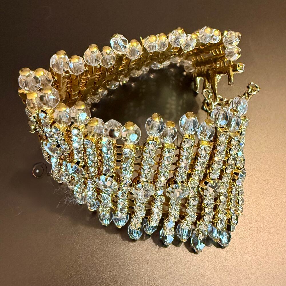 Old Hollywood Glamour Wide Crystal Rhinestone Gold Bracelet
